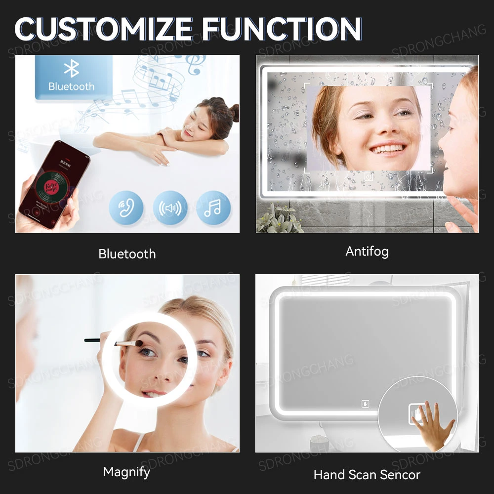 LED Light Bathroom Mirror with Touch Switch/6000K White Light/Fogless/Digital Clock Screen