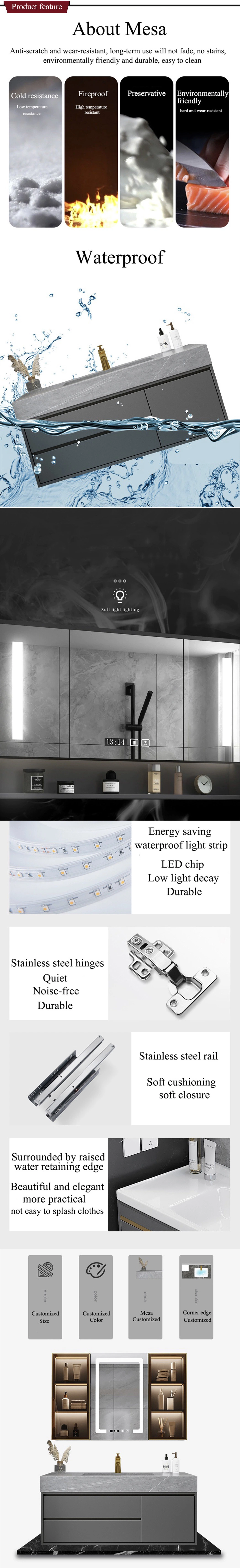 2 Drawers Storgae Bathroom Vanit Two Basin Gold Tap LED Mirror Cabinet