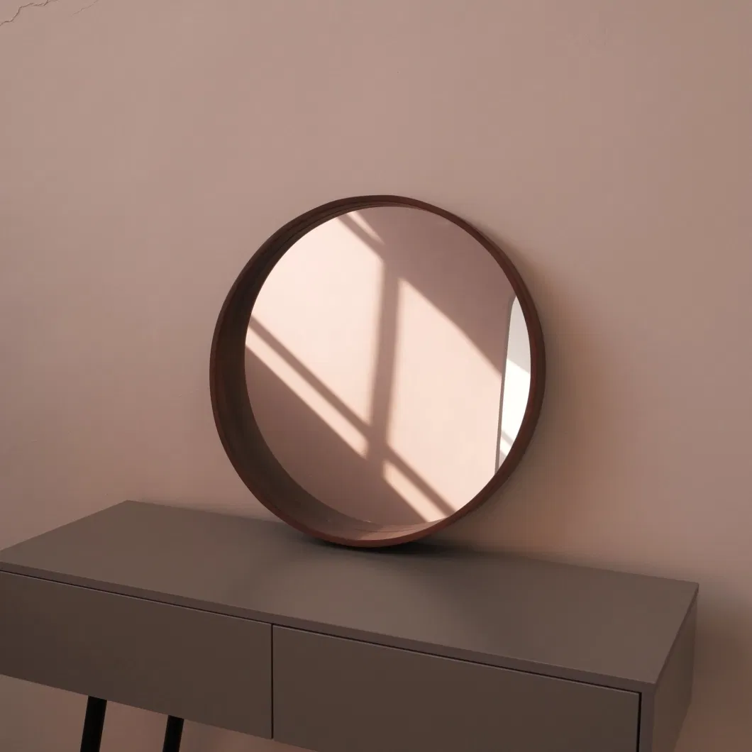 Nordic Round Mirror Wall Mounted Solid Wood Bathroom Mirror with Storage Rack