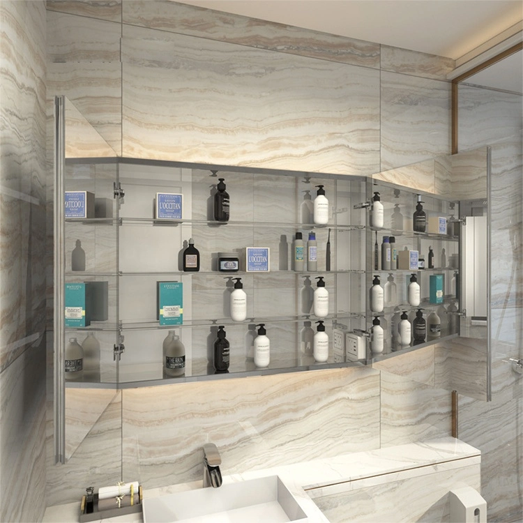 Modern Mirrored Bathroom Furniture Home Decor Aluminum PVC MDF Sanitary Basin Vanity LED Washroom Dressing Shaving Cabinet with Bluetooth and Defogger