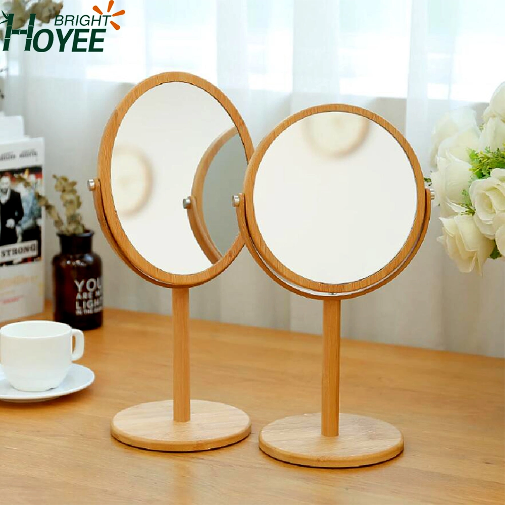 2 in 1 Bamboo Lighted Makeup Mirror with Lights and Storage Desk Mirror Touch Screen Adjustable Lighting Cosmetic Mirror