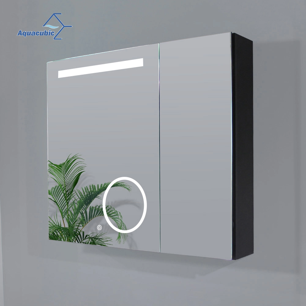 Bathroom LED Mirror Cabinets with Double Doors, Aluminium Frame Smart Mirror Storage Cabinet with Magnifying Mirror