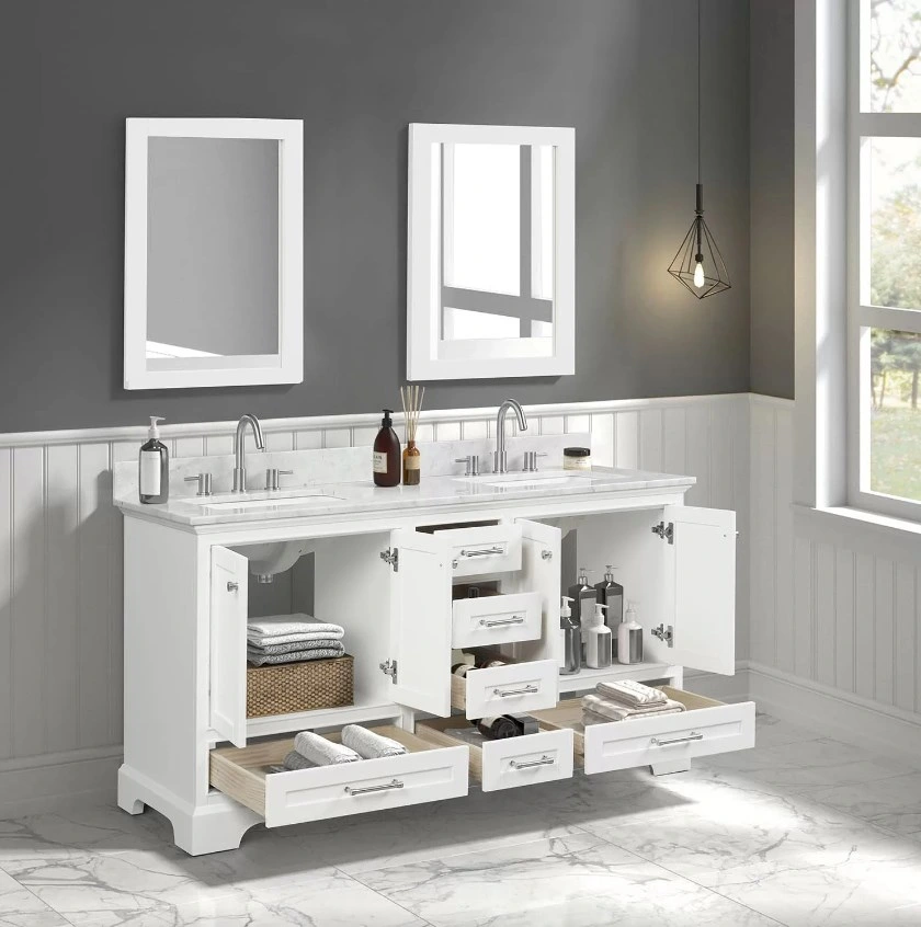 Aluminum MDF Home Decor Double Sinks Free-Standing Bathroom Vanity Cosmetic Makeup Mirror with Ceramics Top and LED Mirror Storge Cabinet Furniture