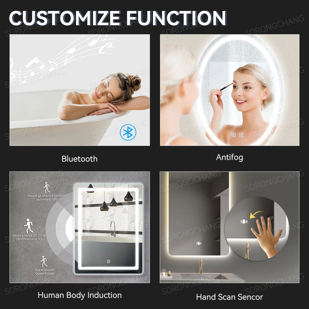 Factory Hotel Round Shape Touch Screen Front Light Aluminum Frame Smart LED Light Bathroom Wall Mirror