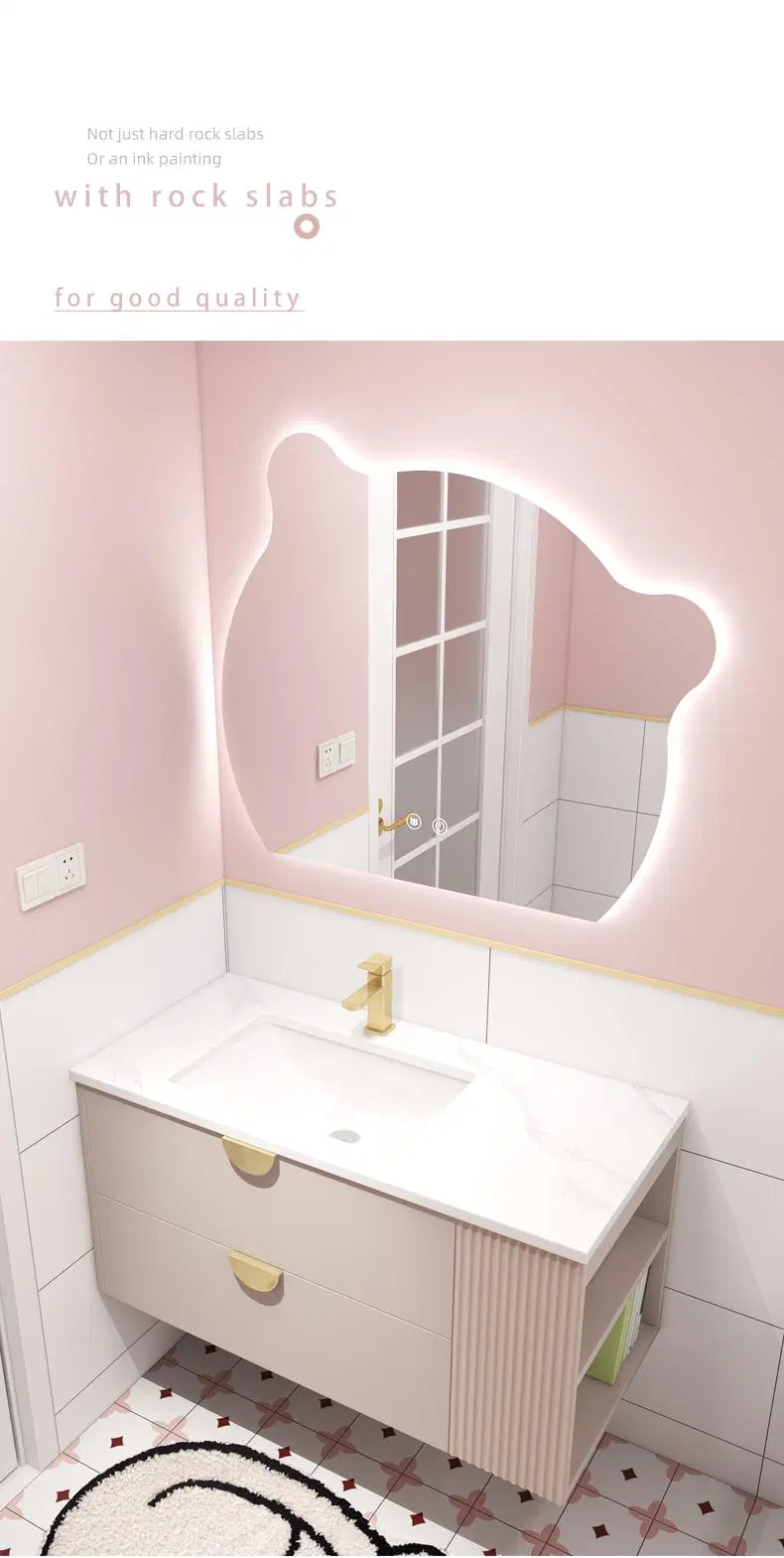 Light Luxury Pink Bathroom Cabinet and Cute Bear Smart Mirror Cabinet