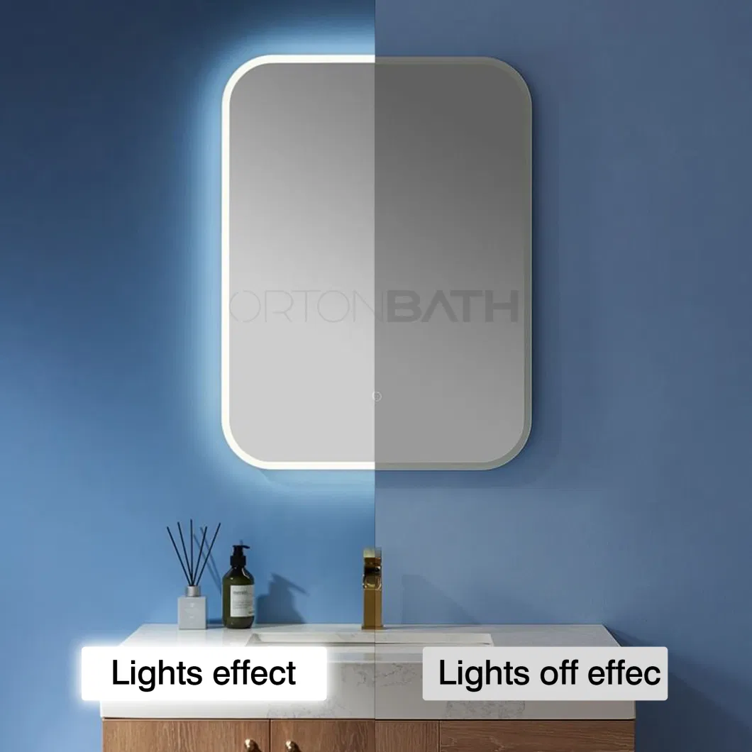 Ortonbath1 Round Corner Rectangular Frameless Backlit LED Bathroom Mirror, Wall-Mounted Vanity Makeup Lighted Mirror, Anti-Fog Dimmable Lights Waterproof Mirro