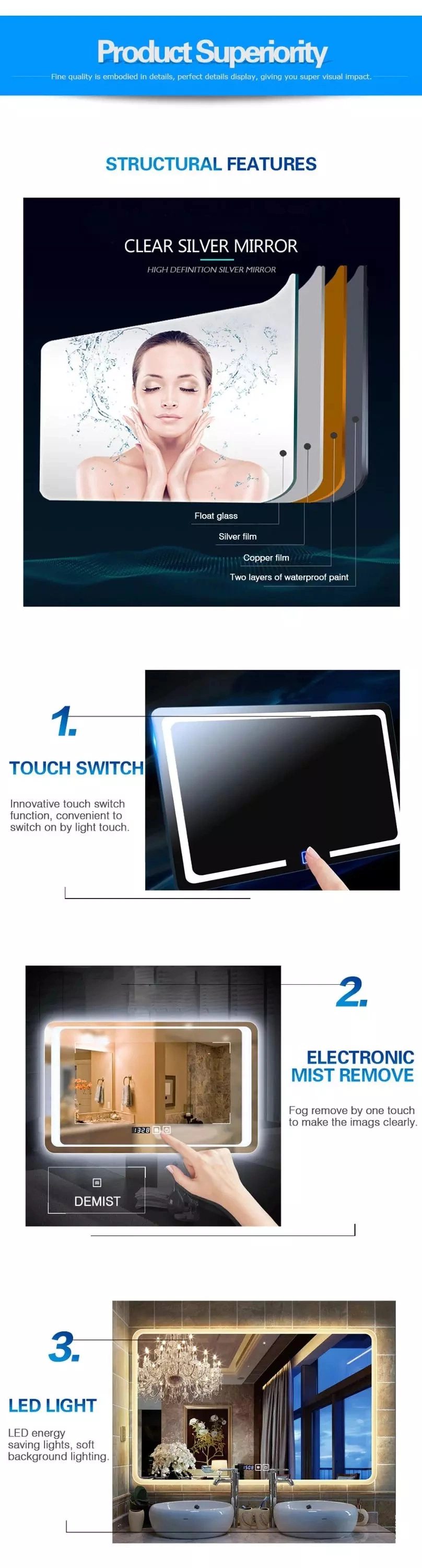 LED Mirror Smart Touch Sensor Anti-Fog Bath Wall Mirror for Bathroom LED Mirror