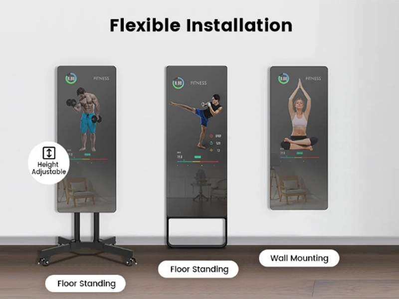 Floor Standing Smart Mirror with Touch Screen, Magic Glass Mirror Wall Mounted LED LCD Light Mirror Display for Bathroom/Bath/Makeup/Fitness/Gym