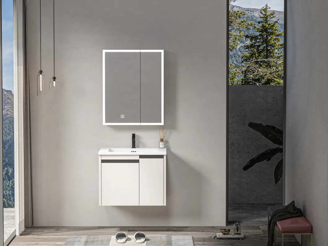 Modern Wall Mounted Paint Free Plywood Bathroom 60cm Vanity with LED Light Mirror Cabinet and One Piece Ceramic Basin