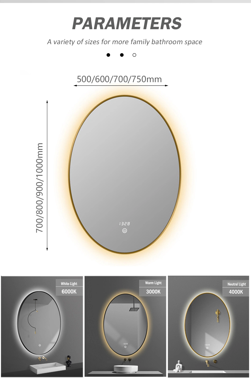 Oval Shaped Wall Mounted Smart Bathroom Mirror LED Bluetooth Vanity Mirror Simple Design Hotel Metal Frame Mirror