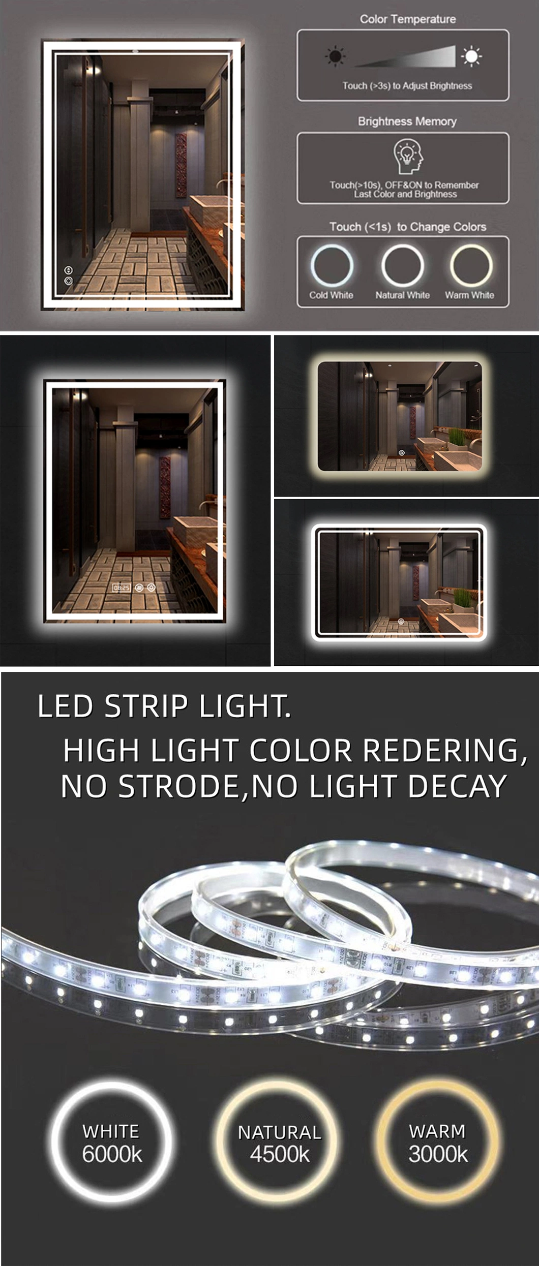 LED Smart Bathroom Vanity Mirror with Lights Hotel Wall Mounted Large Bathroom Mirror