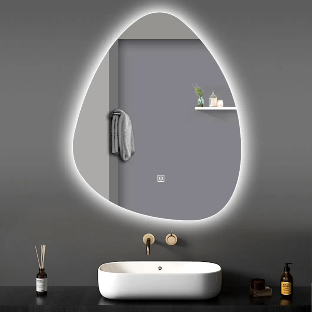 Factory OEM ODM Home Decor Irregular LED Mirror Customizeble Backlit Smart Mirror with Bluetooth Speaker Defog Digital Time Cosmetic Mirror for Home Decoration