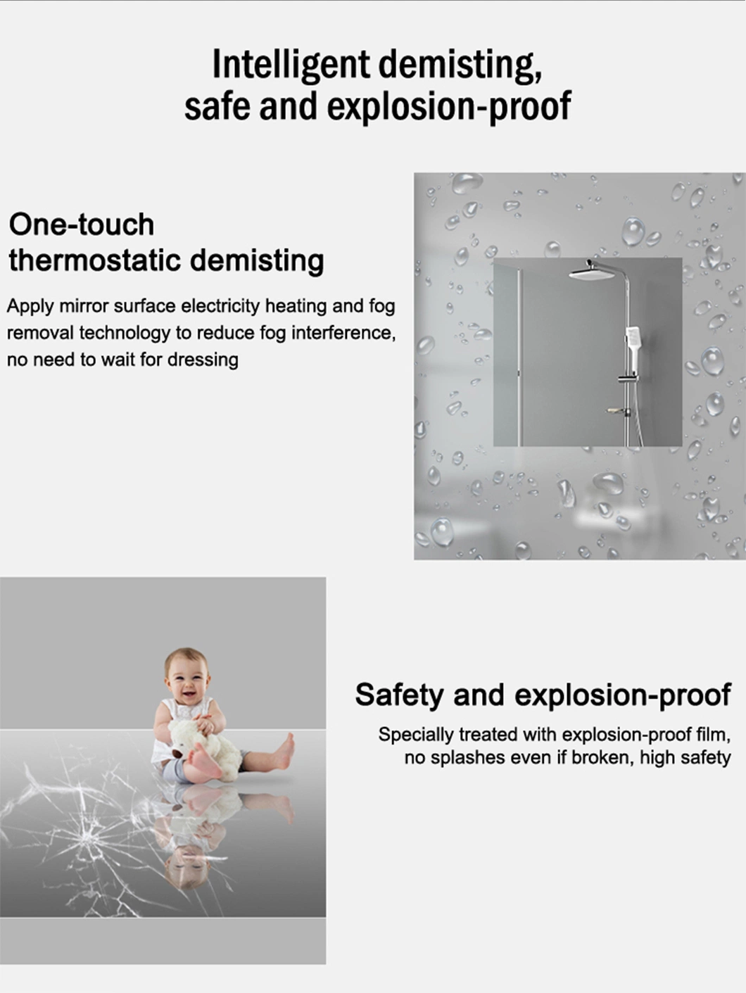 Modern Anti Fog Wall Bath Mirror Frameless Touch Screen Rectangle LED Lighting Smart Bathroom Mirror