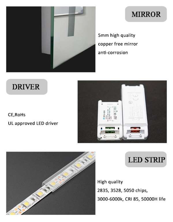 Factory OEM Wall Mounted LED Mirror Full Mirror Hotel Bathroom LED Full Length Mirror with Light Full Smart Mirror with Defog Bluetooth Ditital Clock