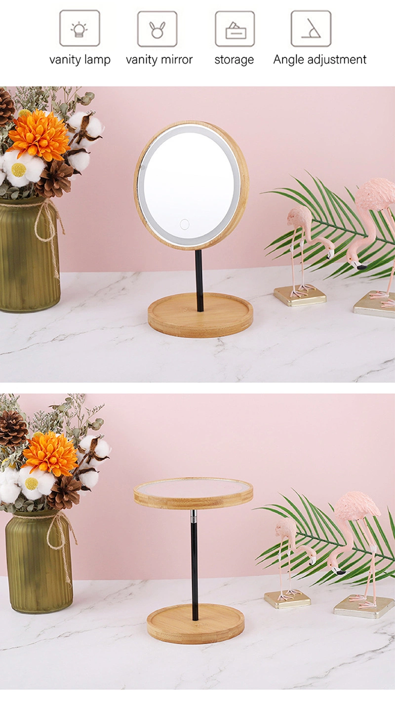 Bamboo Lighted Makeup Mirror with Lights and Storage Desk Mirror Touch Screen Adjustable Lighting Cosmetic Mirror