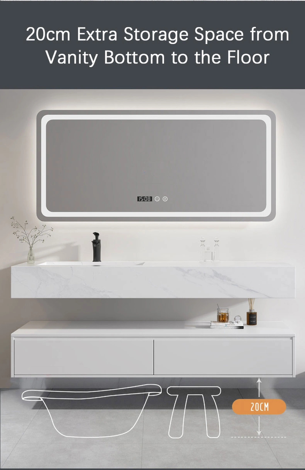 Smart Bathroom Mirror Cabinet with Digital Clock and Lighted Medicine Cabinet IP67