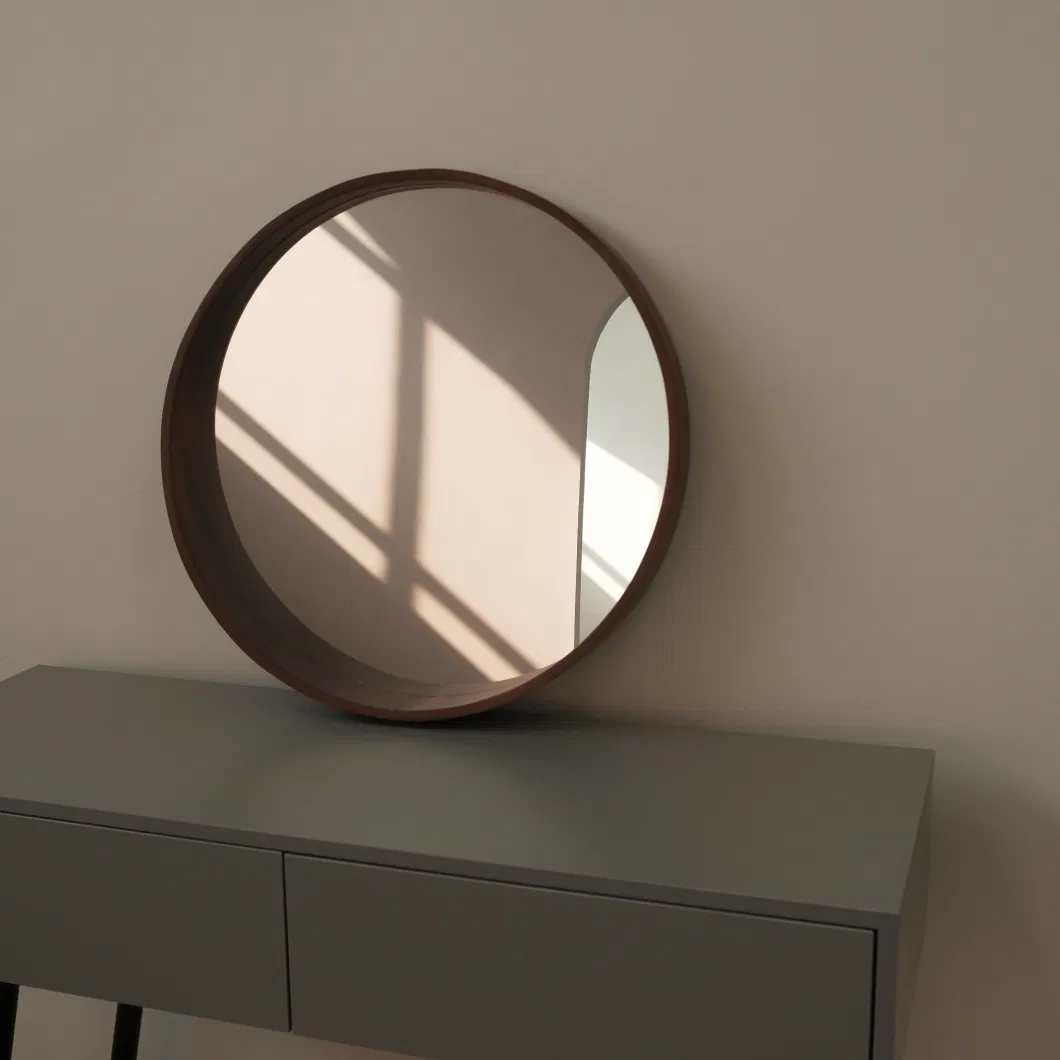 Nordic Round Mirror Wall Mounted Solid Wood Bathroom Mirror with Storage Rack