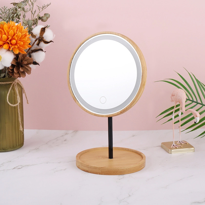 Bamboo Lighted Makeup Mirror with Lights and Storage Desk Mirror Touch Screen Adjustable Lighting Cosmetic Mirror