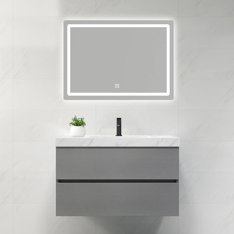 Modern Wall Mounted Melamine Plywood Wall Mounted Bathroom Vanity with Mirror Cabinet and Rock Plate Top in White