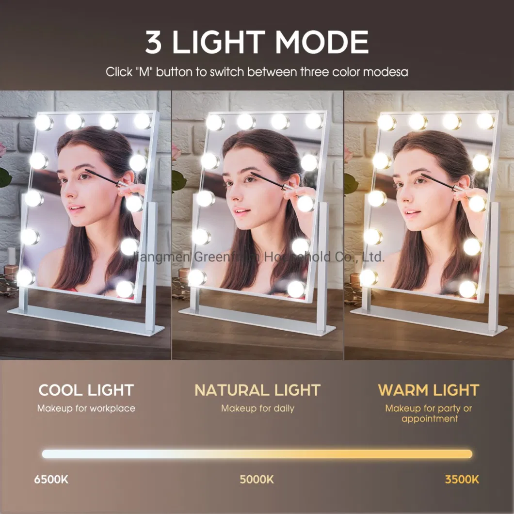 Factory Supply 12 Light Bulbs Hollywood Mirror Three Light Tones LED Makeup Mirror
