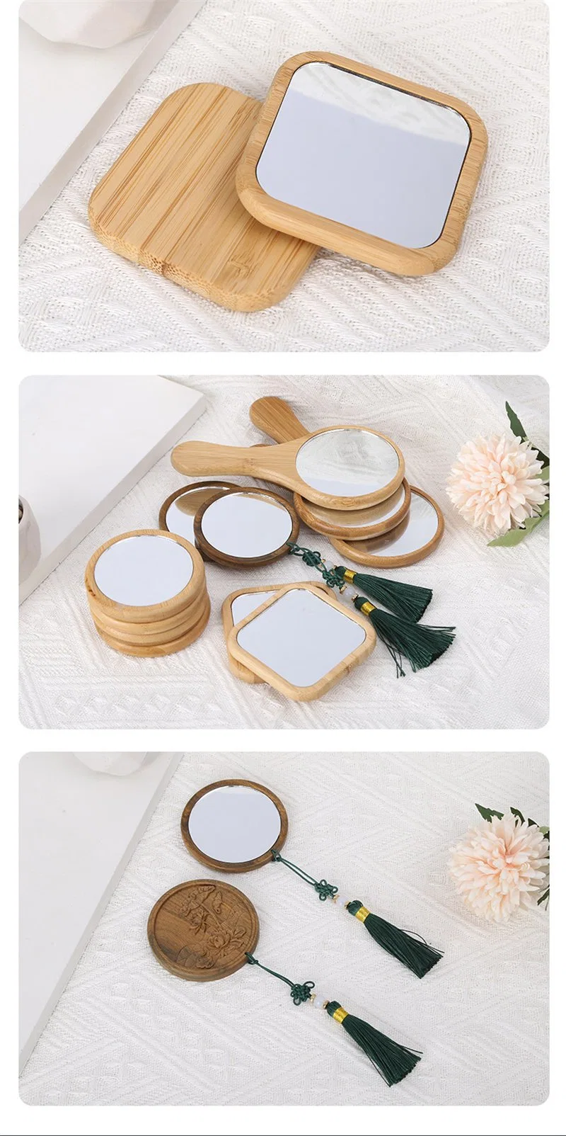 Custom Logo Round Pocket Bamboo Mirror Handheld Mini Small Makeup Mirrors