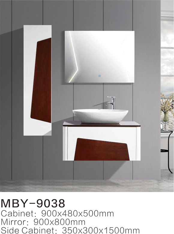 White Morden PVC Wall Hung Basin with Bathroom Cabinet with Glass Basin with LED Mirror