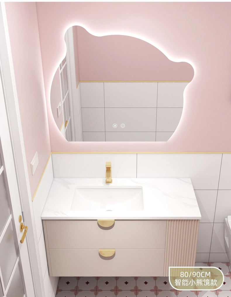 Light Luxury Pink Bathroom Cabinet and Cute Bear Smart Mirror Cabinet