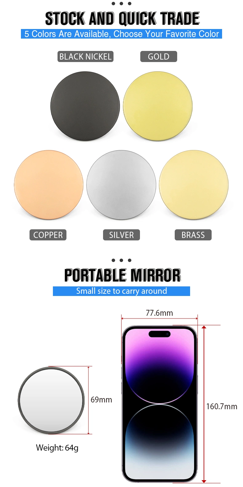 Manufacturer Custom Zinc Alloy Luxury Black Cute Small Makeup Mirror Metal Gold Storage Mini Round Cosmetic Mirror