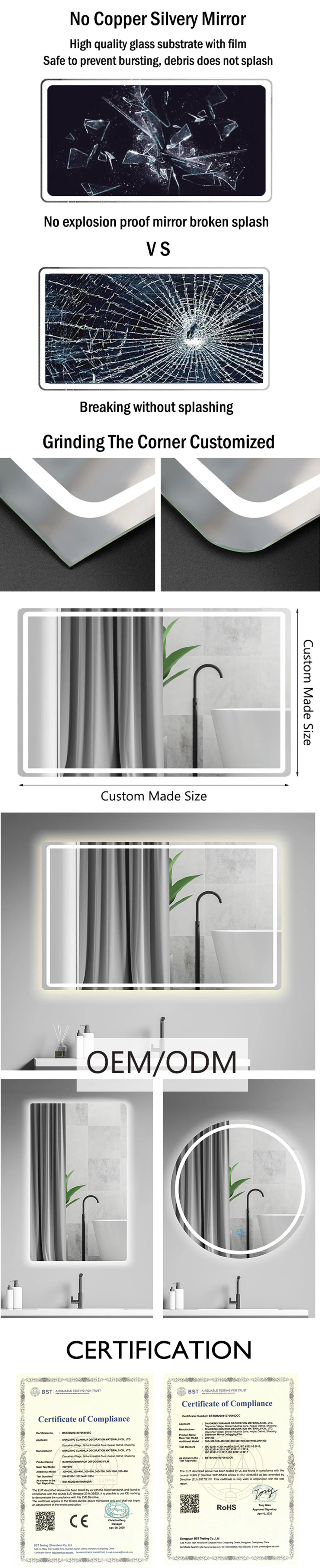 Large Rectangular Anti Fog Smart LED Bathroom Wall Mounted Vanity Mirror Square Frameless Mirrors