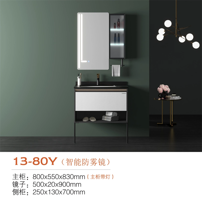 Easy Clean Luxury White Cabinet Door Bathroom Cabinet with Mirror Light Black Rock Slab Basin Solid Wood Floor Mounted Cabinet Bathroom Vanity