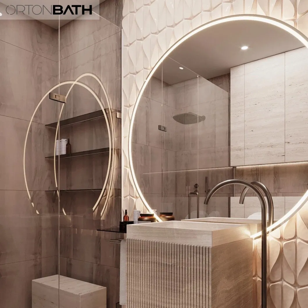Ortonbath Yellow Light Frameless Full Length Floor Dressing Mirror LED Lights Touch Sensor Switch Backlit Bathroom Mirror LED Smart Bath Makeup Mirror