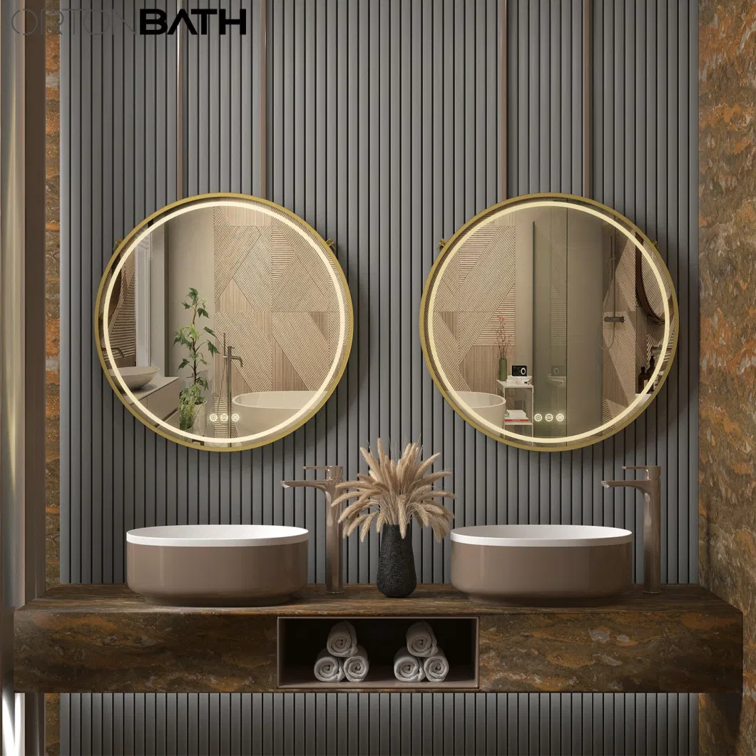 Ortonbath Large LED Gold Framed Round Bathroom Vanity Mirror with Motion Sensor, Gmhehly 24 Inch Circle Frame Wall Mirror with Anti-Fog