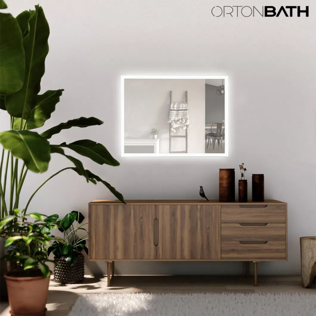 Ortonbath Yellow Light Frameless Full Length Floor Dressing Mirror LED Lights Touch Sensor Switch Backlit Bathroom Mirror LED Smart Bath Makeup Mirror