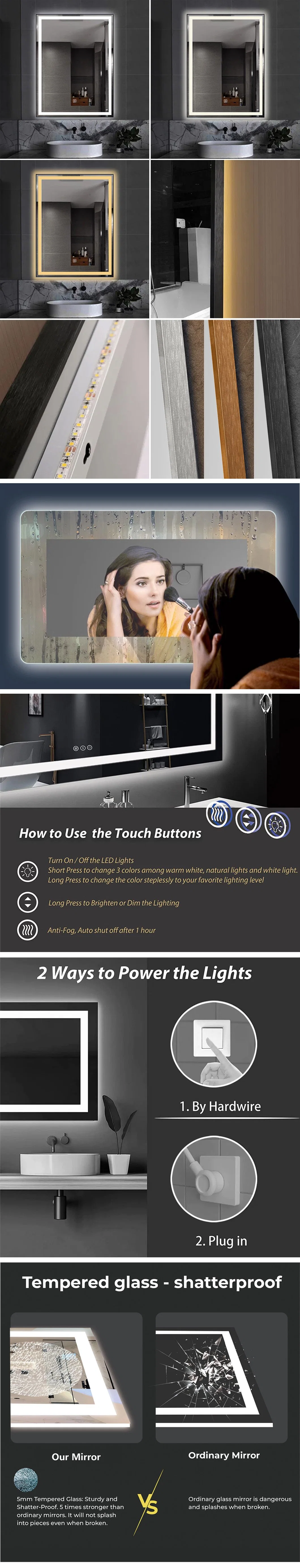 De-Fog Frosted Edge Rimless Backlight Smart LED Mirror Vanity Decoration Touch Screen Bathroom Mirror LED Mirror