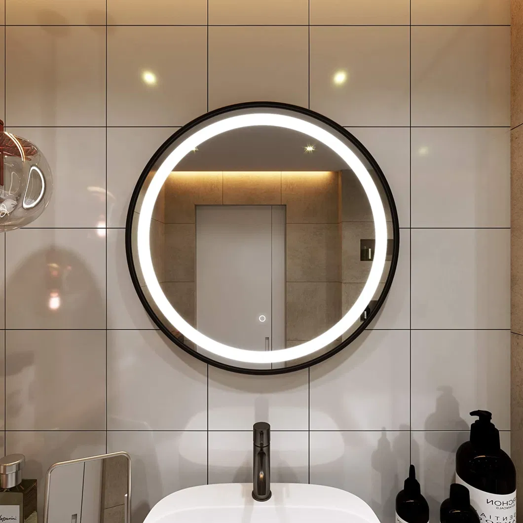 Black Steel Frame Factory Customized Round LED Lighting Bathroom Mirror