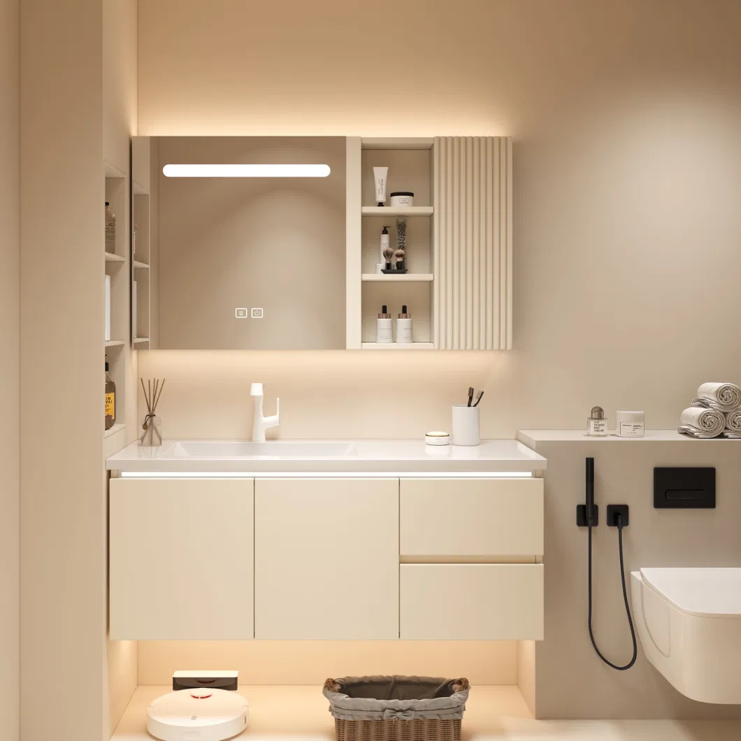 2022 New Arrival Cream Style Rock Slab Solid Wood Bathroom Cabinet One-Piece Ceramic Basin Mirror Cabinet