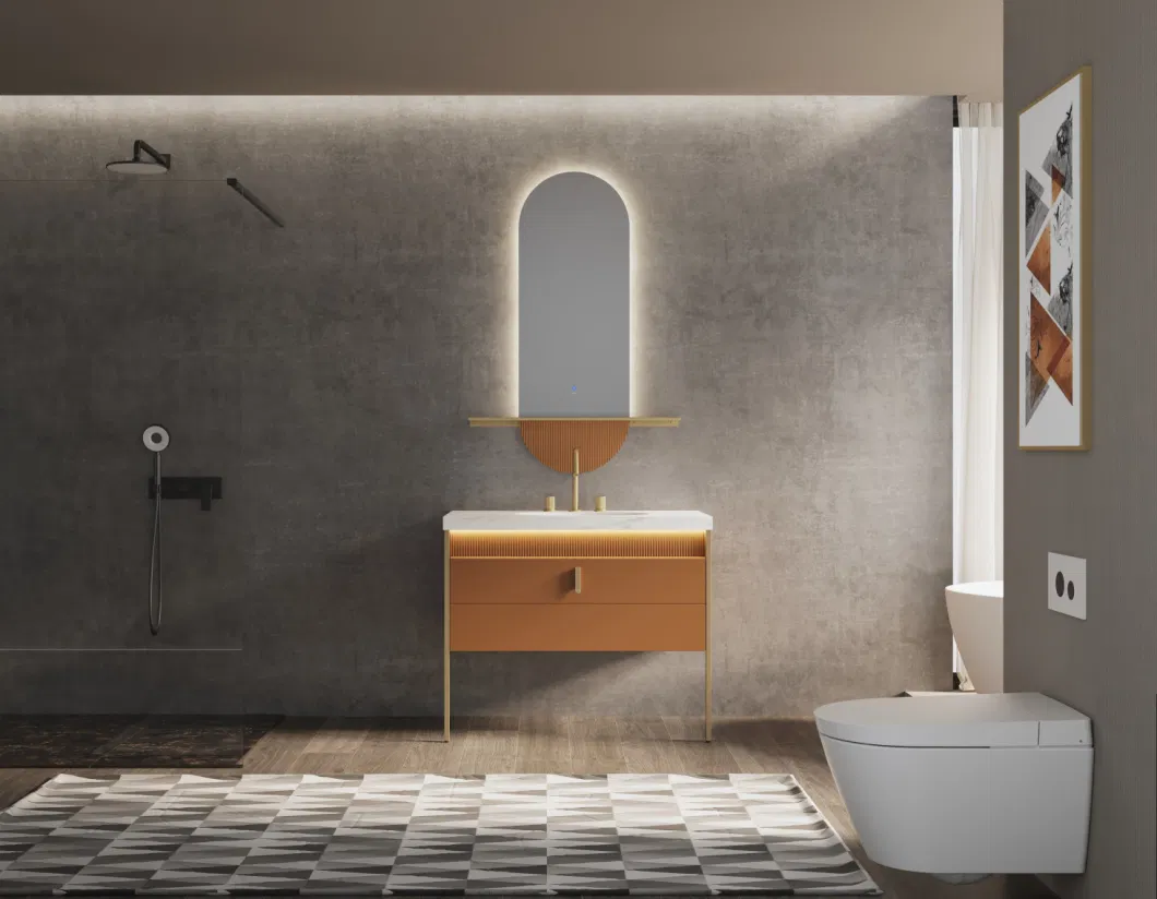 Yellow Bright and Minimalist High-End Wash Basin Aluminium Bathroom Wooden Vanity Ceramic Cabinet with Smart Touch Light LED Mirror