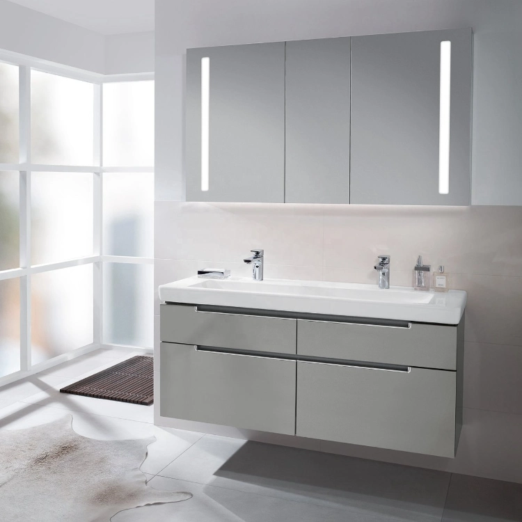 Modern Mirrored Bathroom Furniture Home Decor Aluminum PVC MDF Sanitary Basin Vanity LED Washroom Dressing Shaving Cabinet with Bluetooth and Defogger