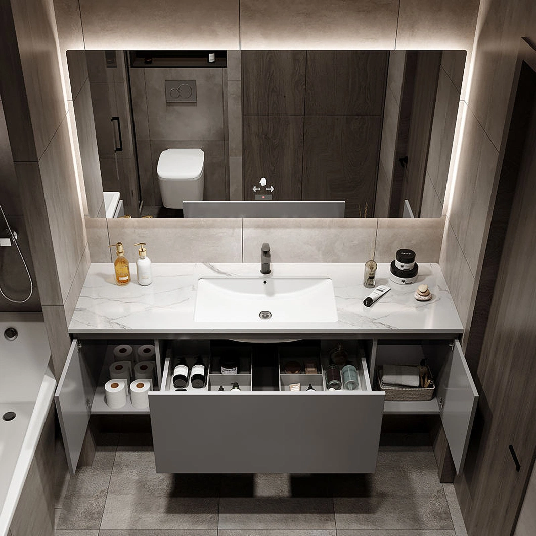 OEM Minimalist Light Luxury Smart LED Mirror Slate Ceramics Integrated Washbasin Bathroom Sink Bathroom Cabinet Combination