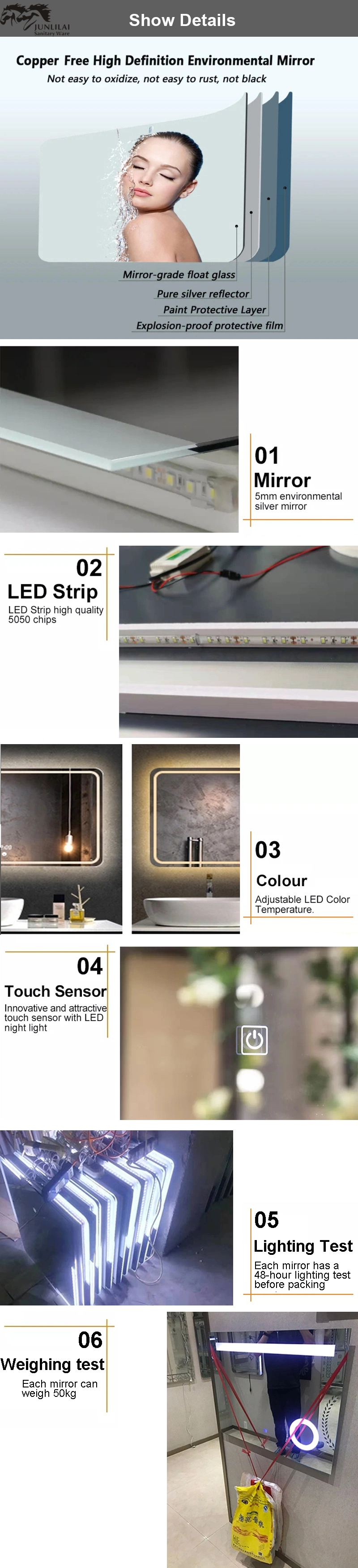 LED Lighted Bathroom Touch Screen Smart Mirror Price with Radio/Clock/Temperature