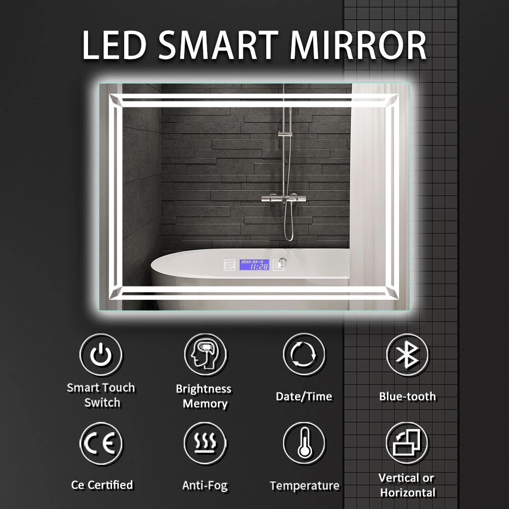 Home Hotel Decorative Bathroom Magnify Makeup LED Illuminated Mirror with Touch Senor Clock