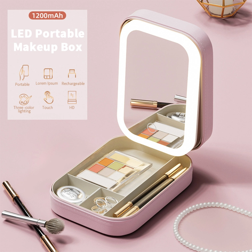 Vanity Leather Cosmetics Set Box for Women Compact Rechargeable Mirror with LED Makeup Mirror