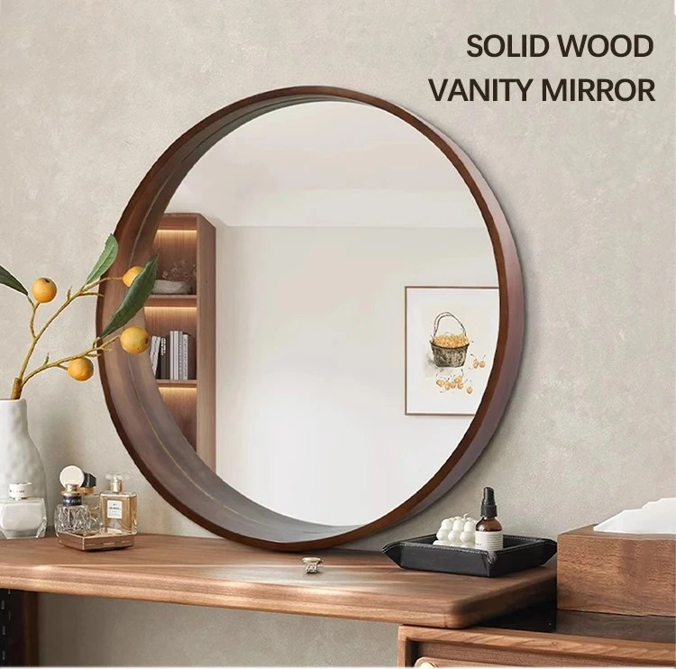 Nordic Round Mirror Wall Mounted Solid Wood Bathroom Mirror with Storage Rack
