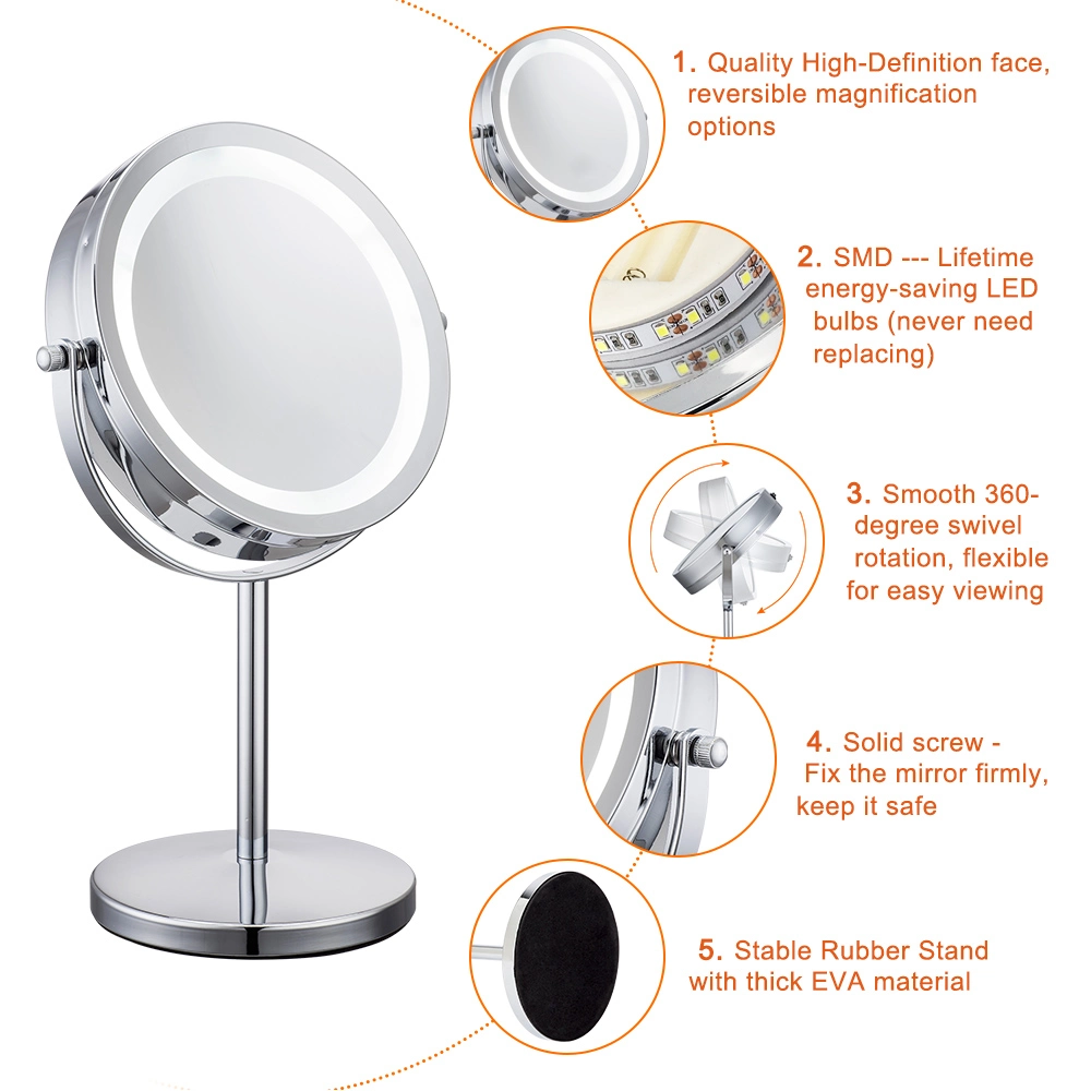 Customized 1X 3X 5X 10X Magnification 7 Inch Standing Round Metal Makeup Mirror with LED Light