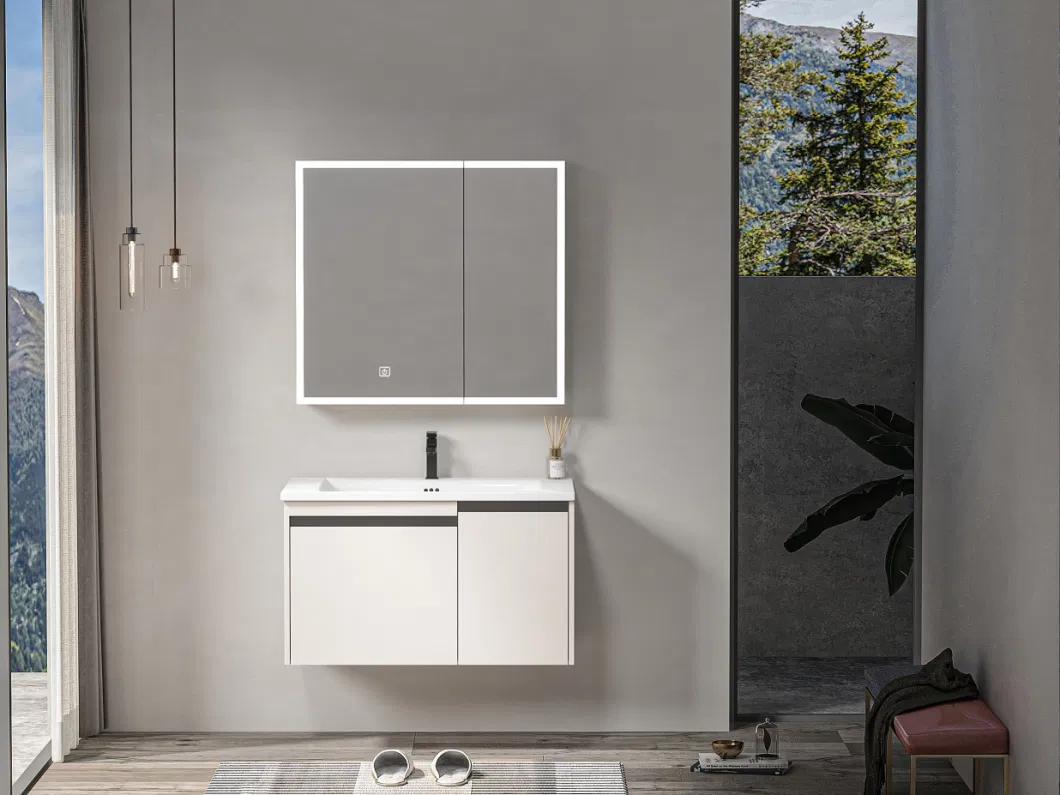 High Quality Wall-Hung Mounted Vanity Ply Wood Waterproof 80cm Bathroom Mirror Cabinet with Ceramic Basin