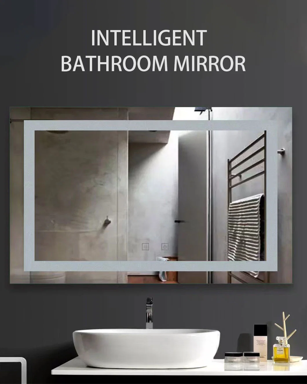 Customized Oversized Wall Mount Bath Vanity Light up Mirror Rectangle Touch Screen Smart Bathroom Mirror LED