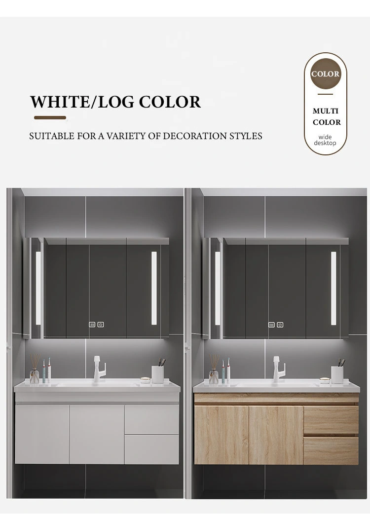 2022 New Arrival Cream Style Rock Slab Solid Wood Bathroom Cabinet One-Piece Ceramic Basin Mirror Cabinet