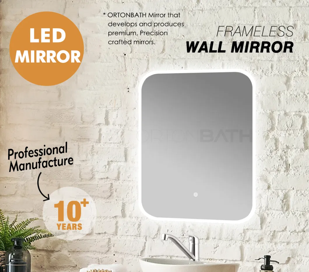 Ortonbath1 Round Corner Rectangular Frameless Backlit LED Bathroom Mirror, Wall-Mounted Vanity Makeup Lighted Mirror, Anti-Fog Dimmable Lights Waterproof Mirro