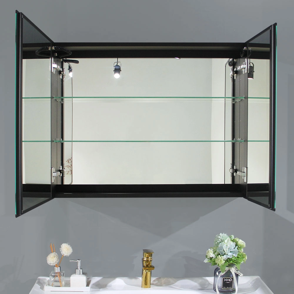 Bathroom LED Mirror Cabinets with Double Doors, Aluminium Frame Smart Mirror Storage Cabinet with Magnifying Mirror