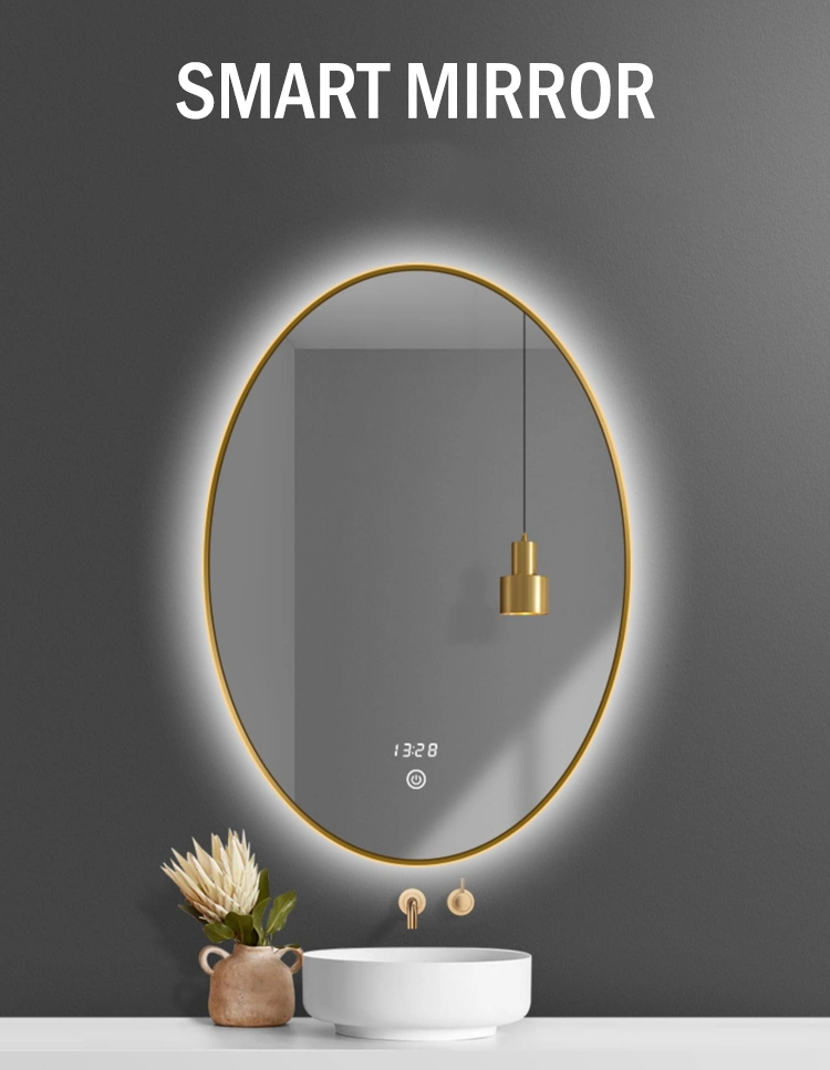Modern Design Hotel Bathroom Mirror Wall Mounted Oval Smart Backlit Mirror Gold Frame Vanity Mirror with LED Lights